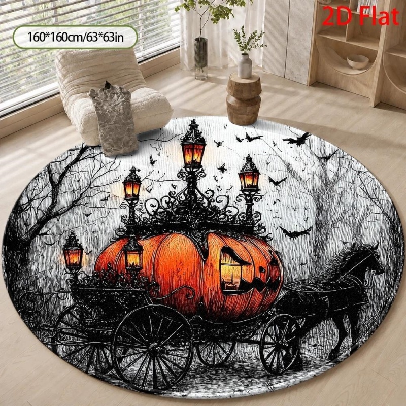 Wholesale Commercial Printing - Vintage Kürbiskutschen-Rundteppich, Teppich mit Gruseligen Waldfledermäusen-Motiv,