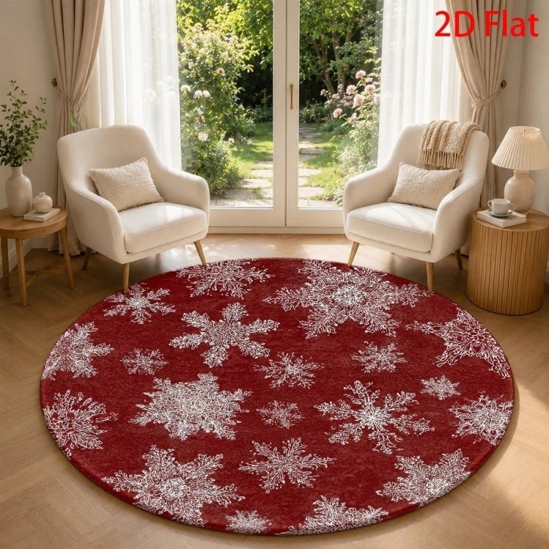Wholesale Commercial Printing - Weißer Schneeflocken-Weihnachts-Teppich, Runder Roter Winter-Bodenteppich, Festtagsdekor-Teppich